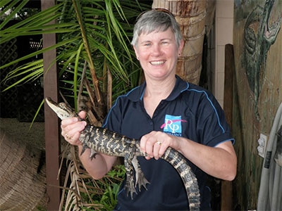 Roseann Gedye with a crocodile